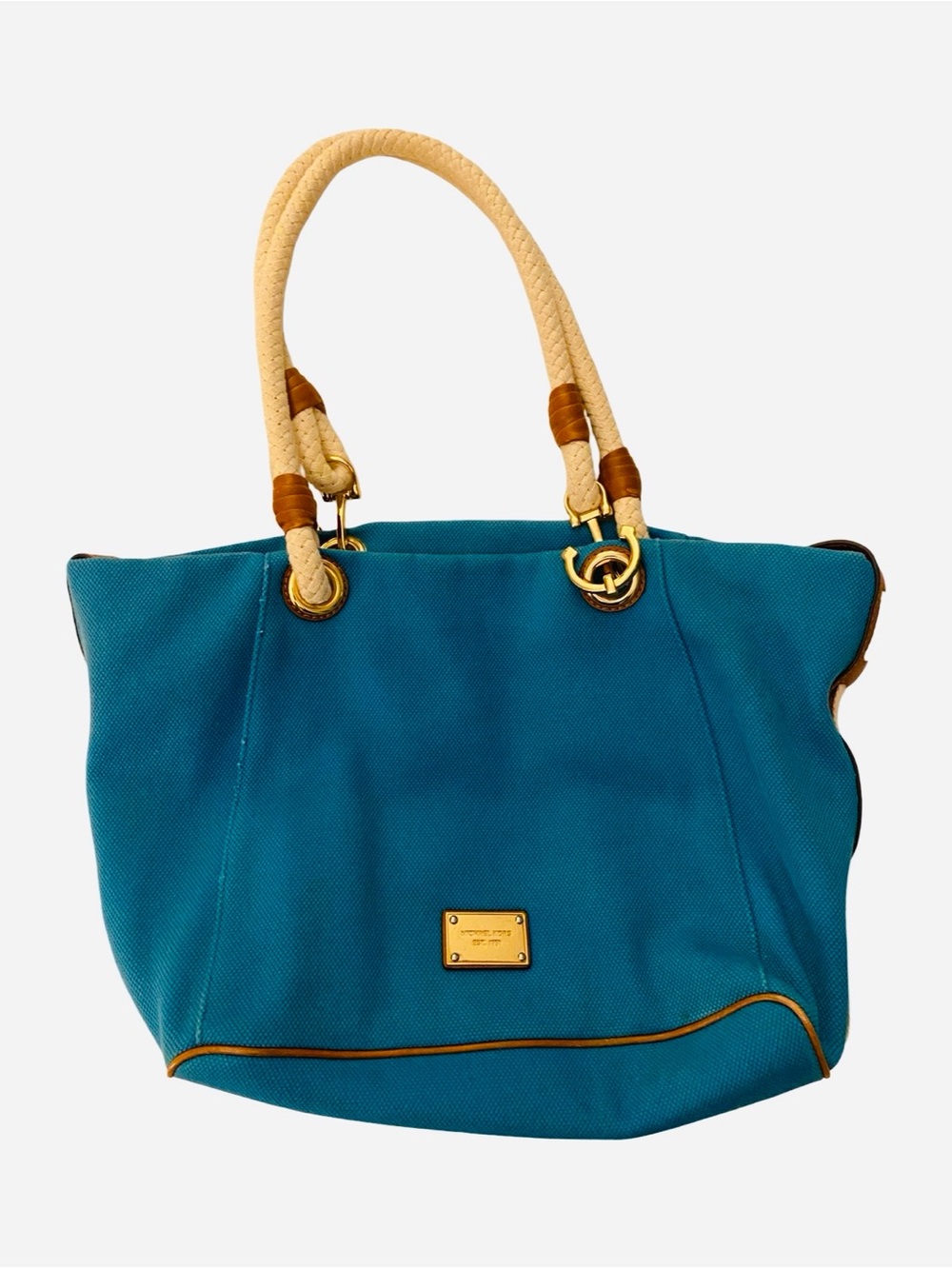Michael Kors Marina Shoulder Bag Turquoise Blue Canvas Leather Rope Nautical